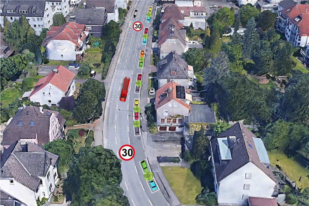 Kommt die Fahrradspur auf dem Ring? Studie gestartet Der Unnaer Holger Zühlke hat eine Skizze seiner Idee angefertigt. Sie zeigt den Ring in Unna mit Parkplätzen auf einer Spur und einem Fahrradweg auf der Straße.