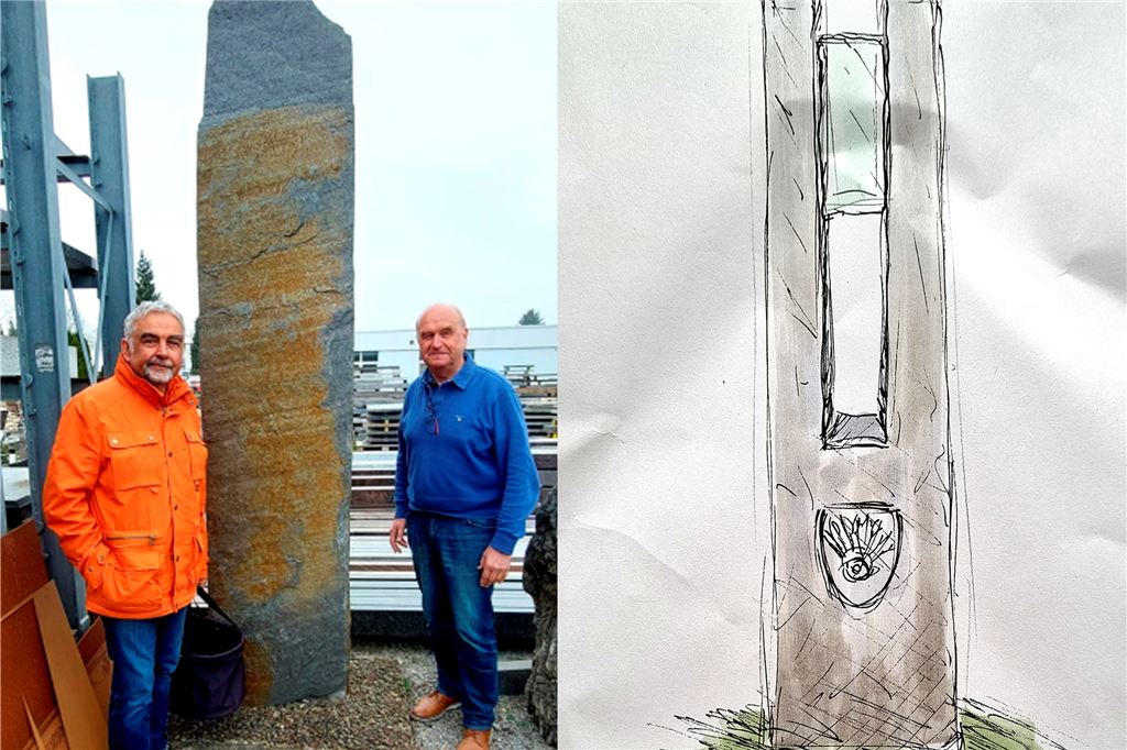 Was soll in Südkamens Mega-Kreisel stehen? Bürger sollen Vorschläge machen Peter Resler (Heimatfreunde Südkamen) und Steinmetz Hans Determann (r.) präsentieren im April den Entwurf für die Stele, die im neuen Kreisverkehr in Südkamen stehen könnte.