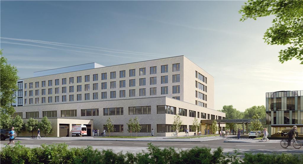 Land und Bund geben 142 Millionen Euro für Krankenhaus-Ausbau So könnte das Christliche Klinikum nach dem Um- und Ausbau aussehen. Die Visualisierung aus dem Computer zeigt den künftigen Haupteingang am Westende.