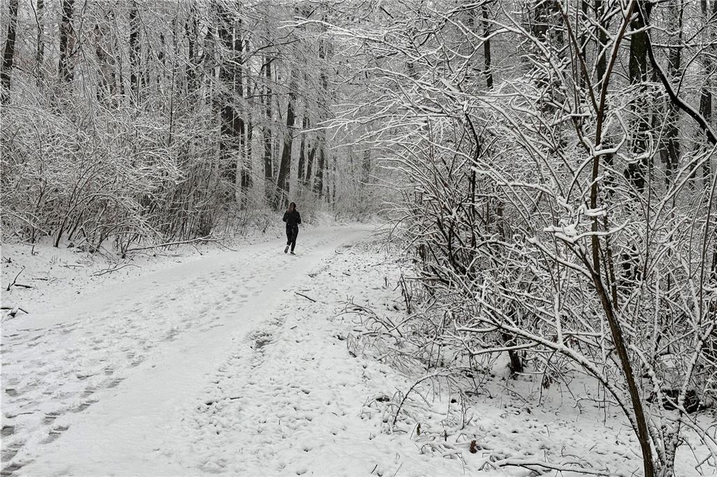 So lässt sich der Schnee auch genießen: Die Fußabdrücke dieser Joggerin sind gut zu sehen.