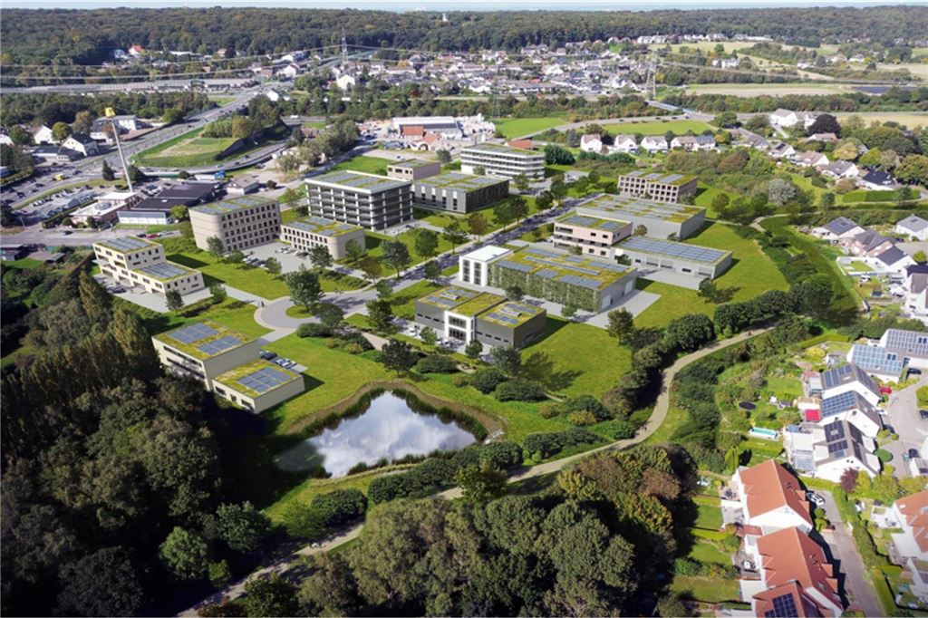 Viele Arbeitsplätze: Pläne für Gewerbegebiet „Am Dohrbaum“ vorgestellt Foto-Simulation des Gewerbegebiets: Schicke, moderne Bürogebäude, inklusive Dachbegrünung und PV-Anlagen, sowie eine Alleen-artige Zufahrtsstraße mit einem Kreisverkehr an deren Ende.