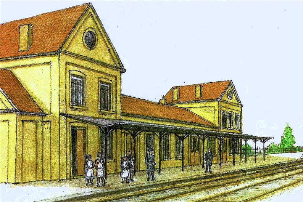 Bahnhof wird 120 Jahre alt: Noble Säle und umkippende Telegrafenmasten Eine Zeichnung rekonstruiert einen alten Bahnhof.