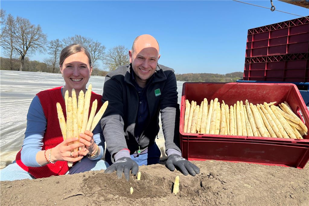 „Wird nicht günstiger“: Landwirte in Sorge vor neuem Mindestlohn Vitus Schulze Wethmar und seine Frau Katharina auf ihrem Feld mit geerntetem Spargel.