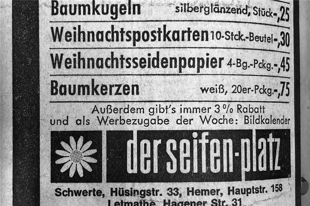 Alte Werbeanzeige des Schwerter Einzelhandels zu Weihnachten.