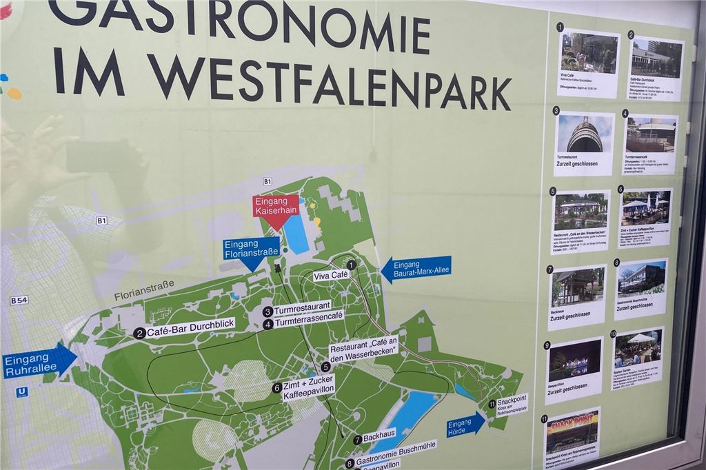 Gastronomie-Krise im Westfalenpark: „Die Familie hält uns aufrecht“ "Zurzeit geschlossen" steht auf der Gastronomie-Karte des Westfalenparks neben mehreren Einträgen.